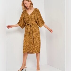 Zara Women Dress Mustard Yellow Floral Pattern Midi Kimono Sleeves Belted Size L